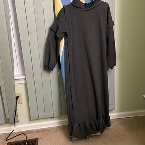 It is a dress for women. It is dark gray and and the length is maxi.